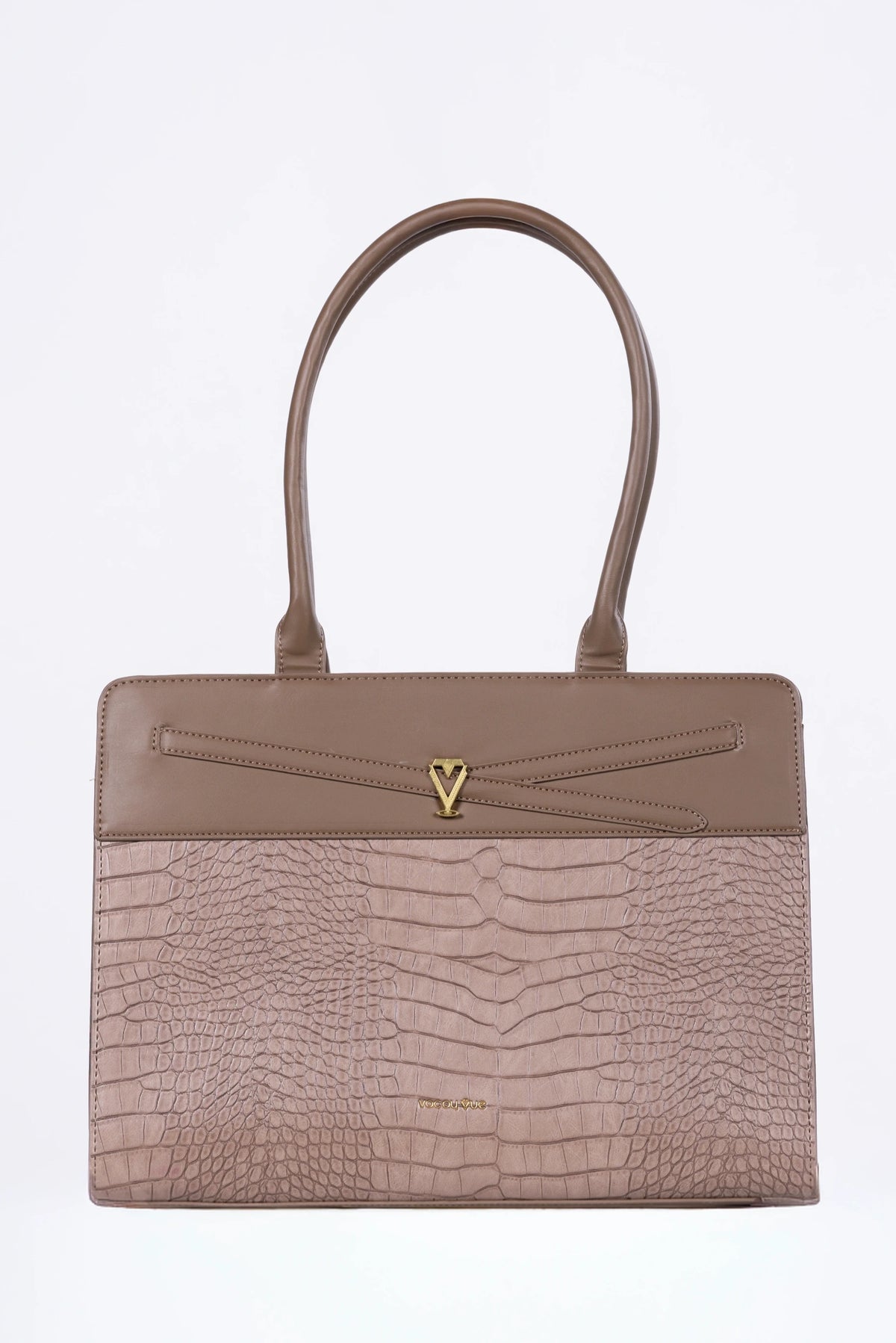 Brown handbag with textured design on a white background