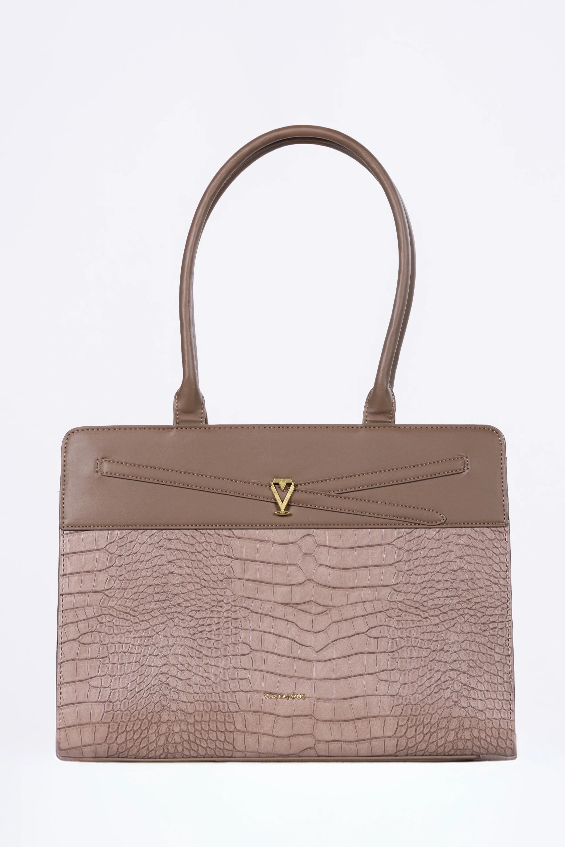 Brown handbag with textured design on a white background