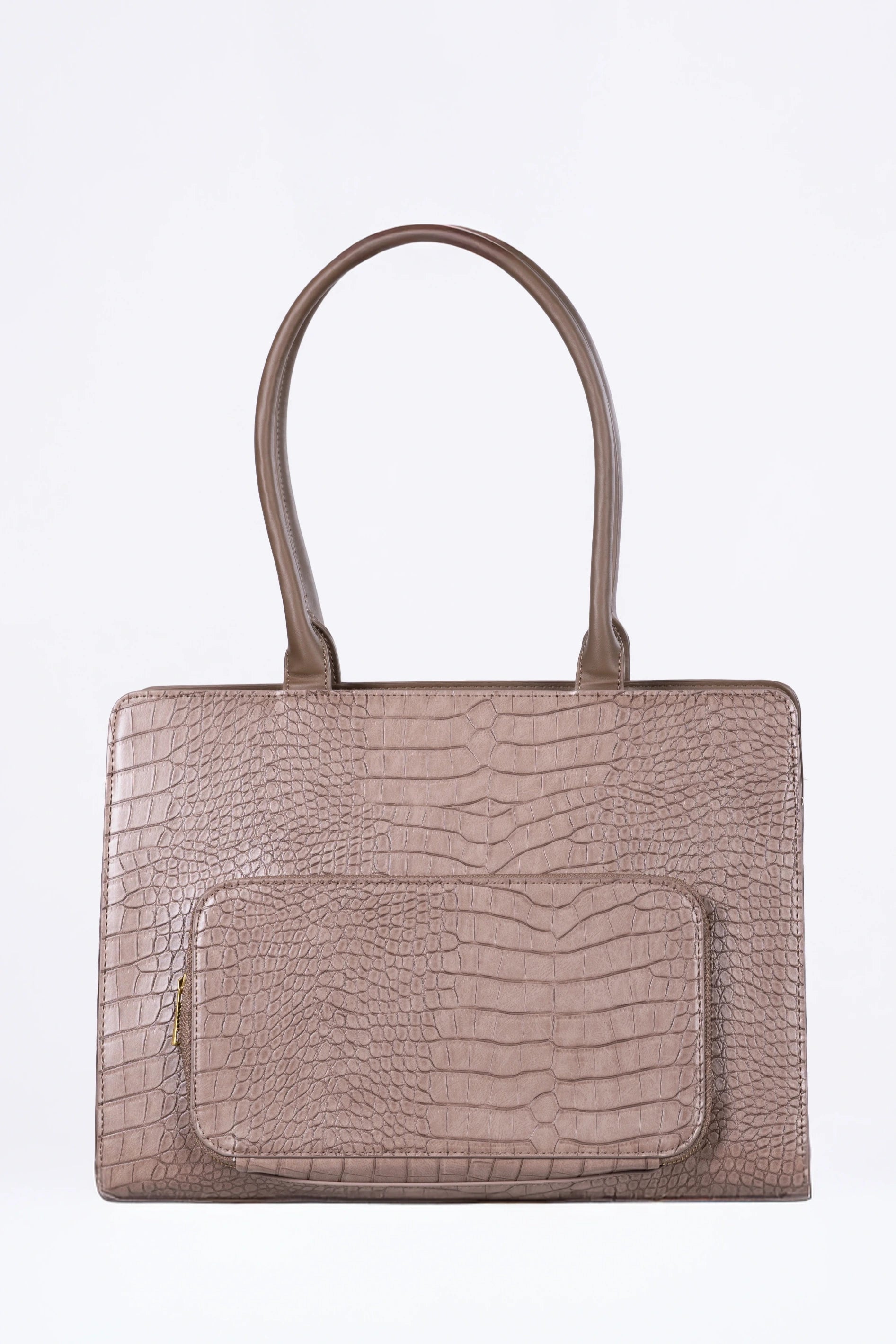 Brown textured handbag on a white background