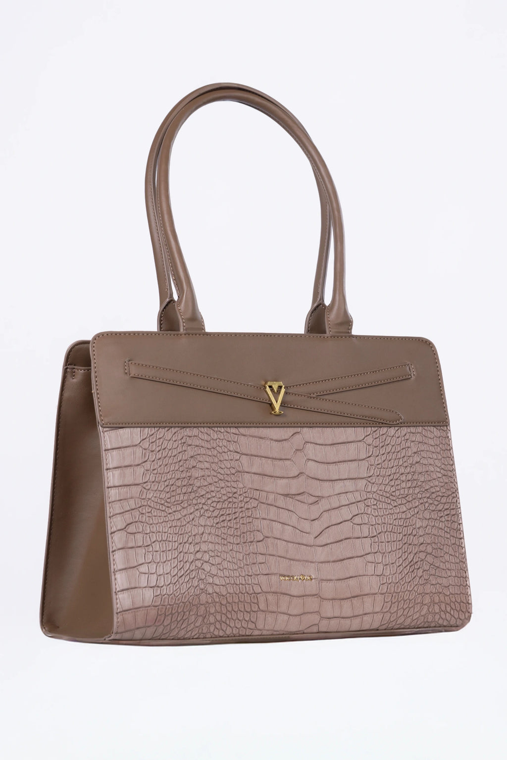 Brown handbag with textured pattern on a white background