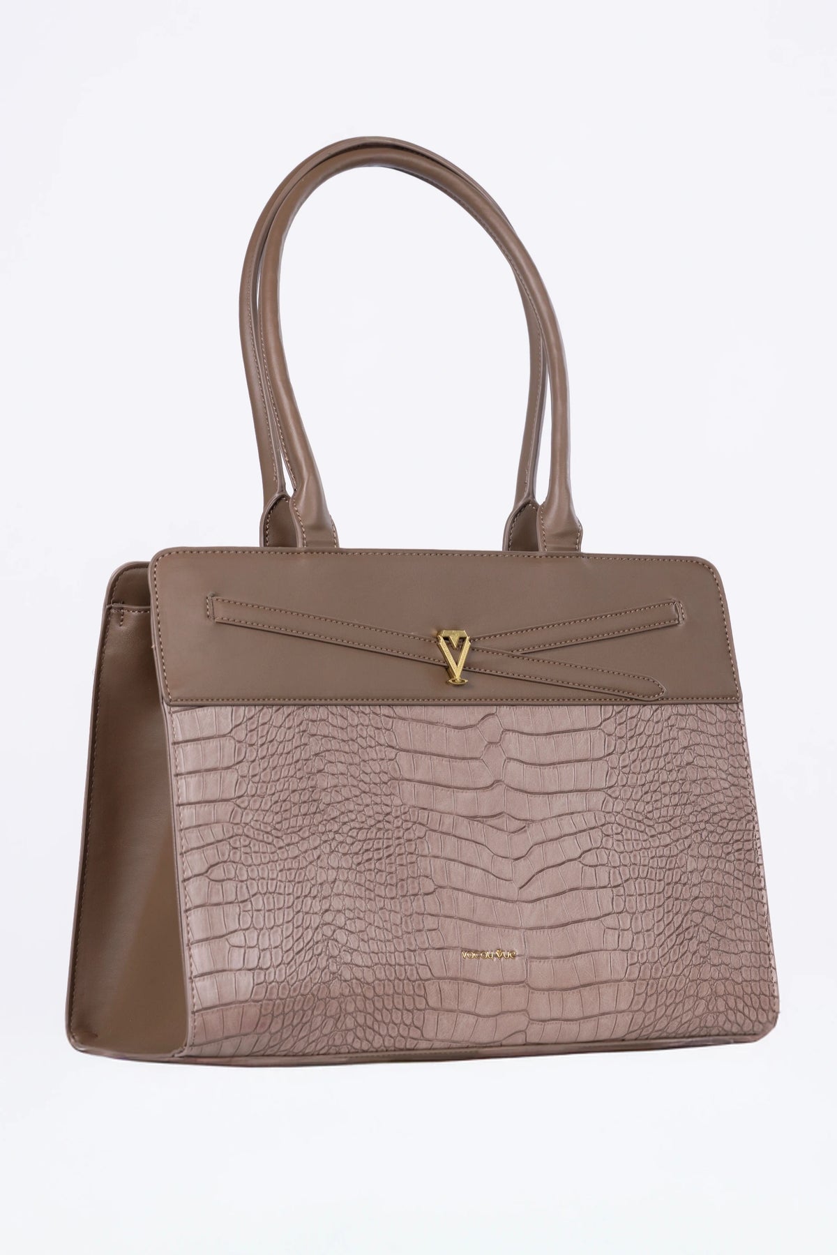 Brown handbag with textured pattern on a white background