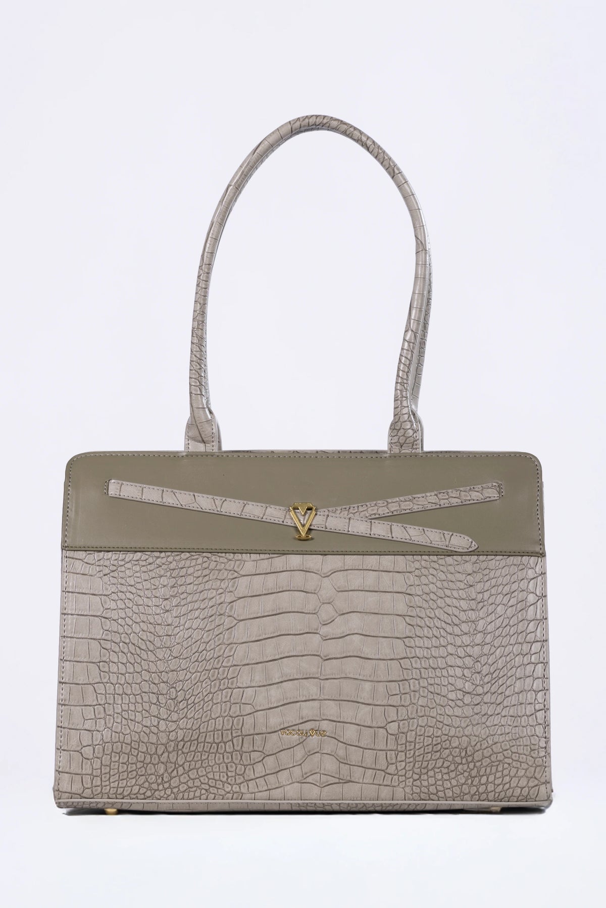 Handbag with a textured front panel on a white background
