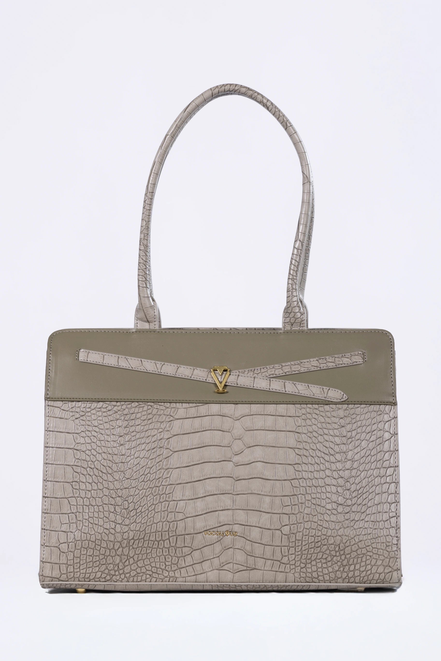 Handbag with a textured front panel on a white background