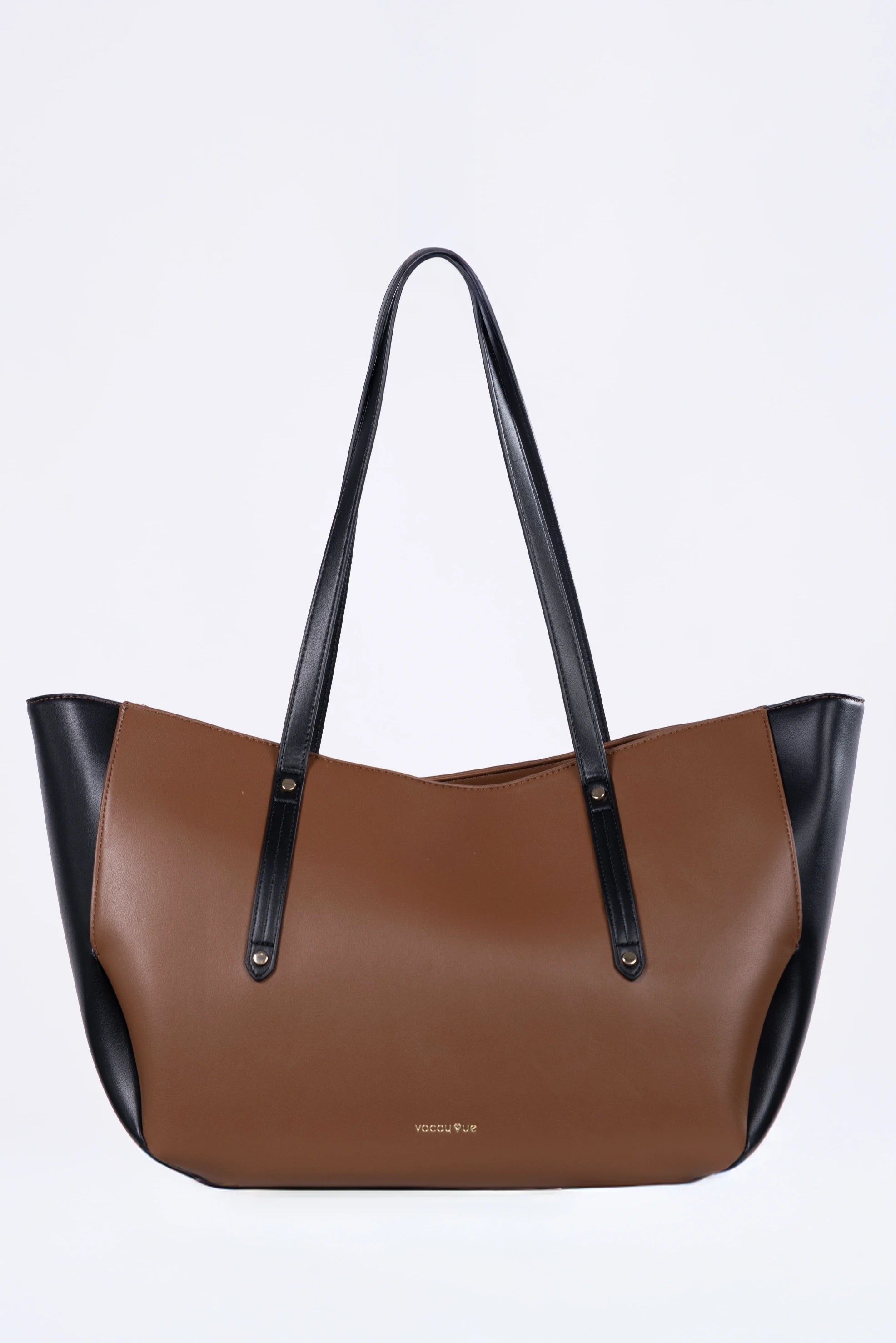 Brown handbag with black accents on a white background