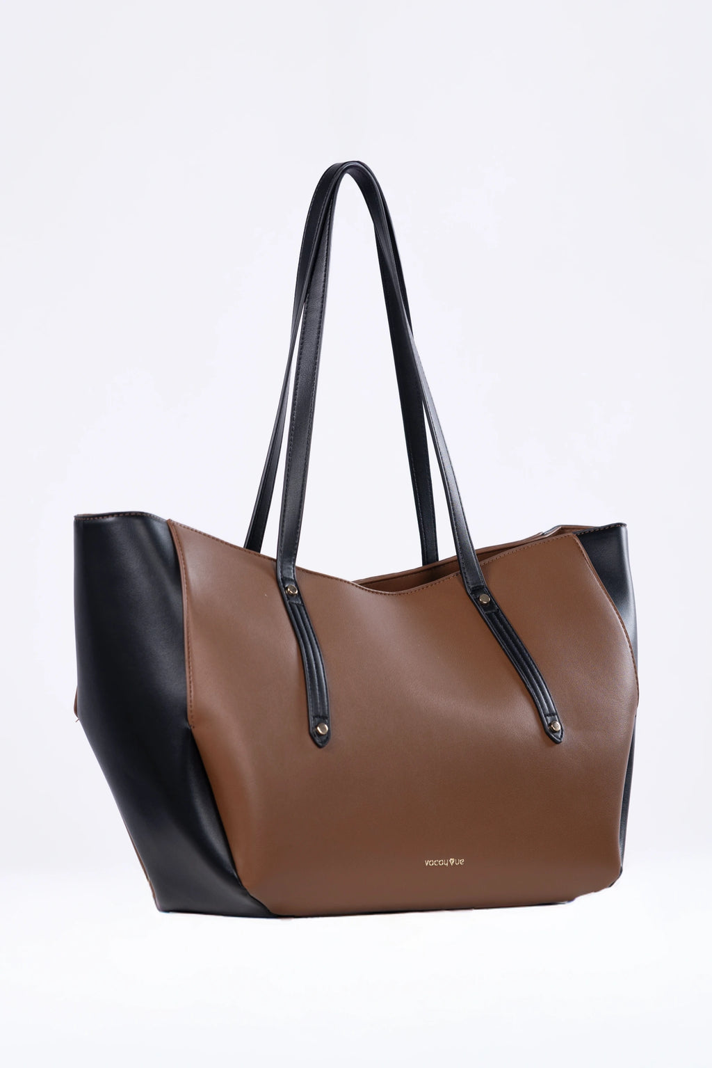 Brown and black handbag on a white background