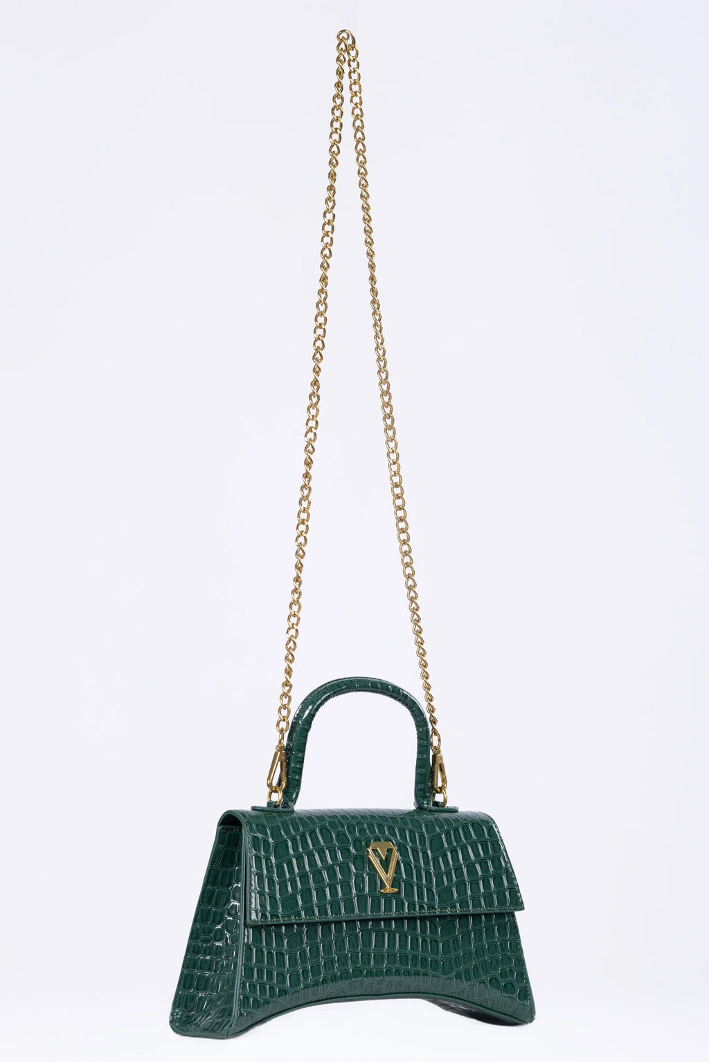 Green handbag with a gold chain on a white background