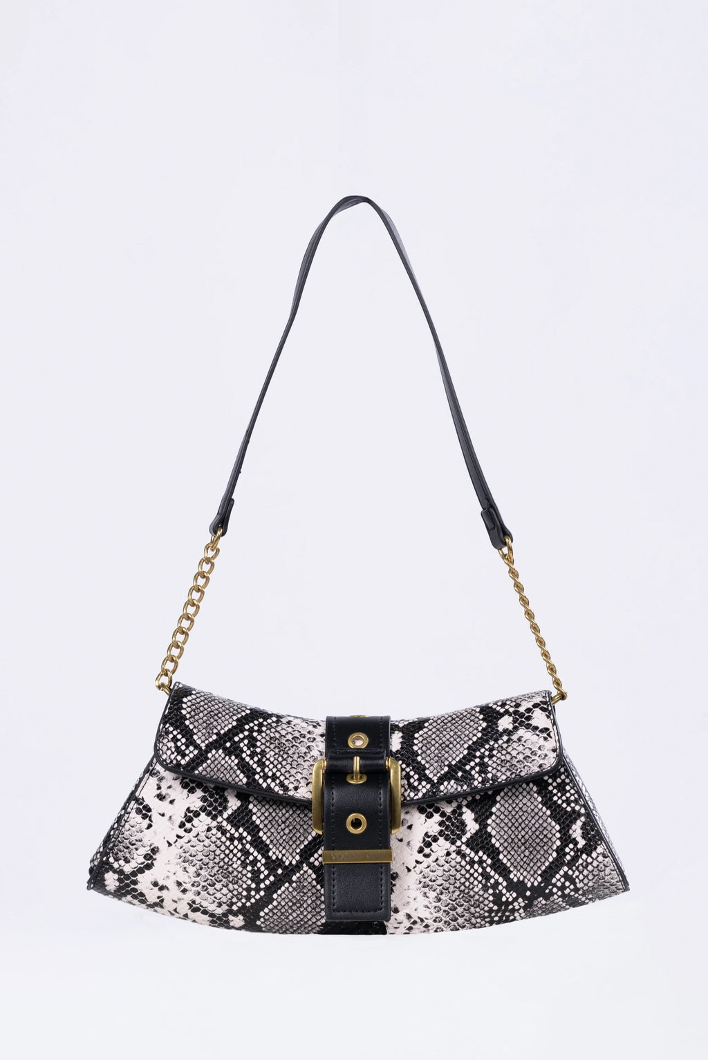 Snakeskin-patterned handbag with a chain strap on a light gray background