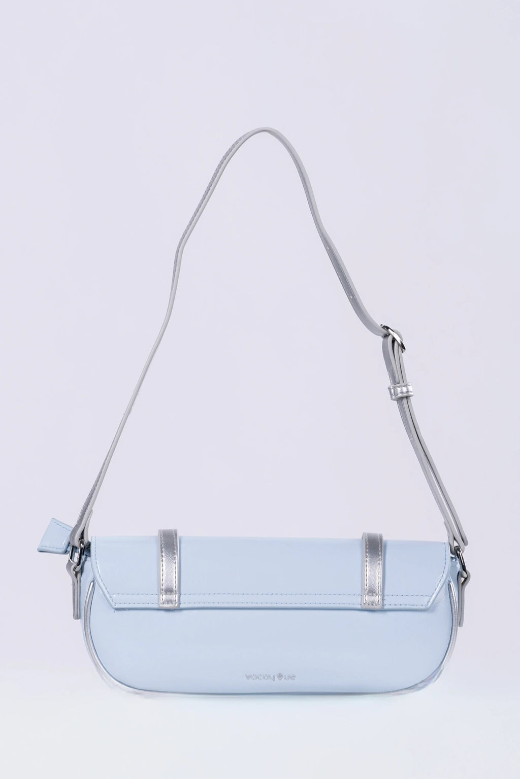 Light blue handbag with a strap on a light gray background