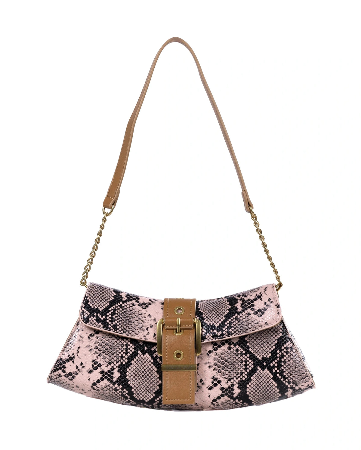 Snake print handbag with brown strap on a white background