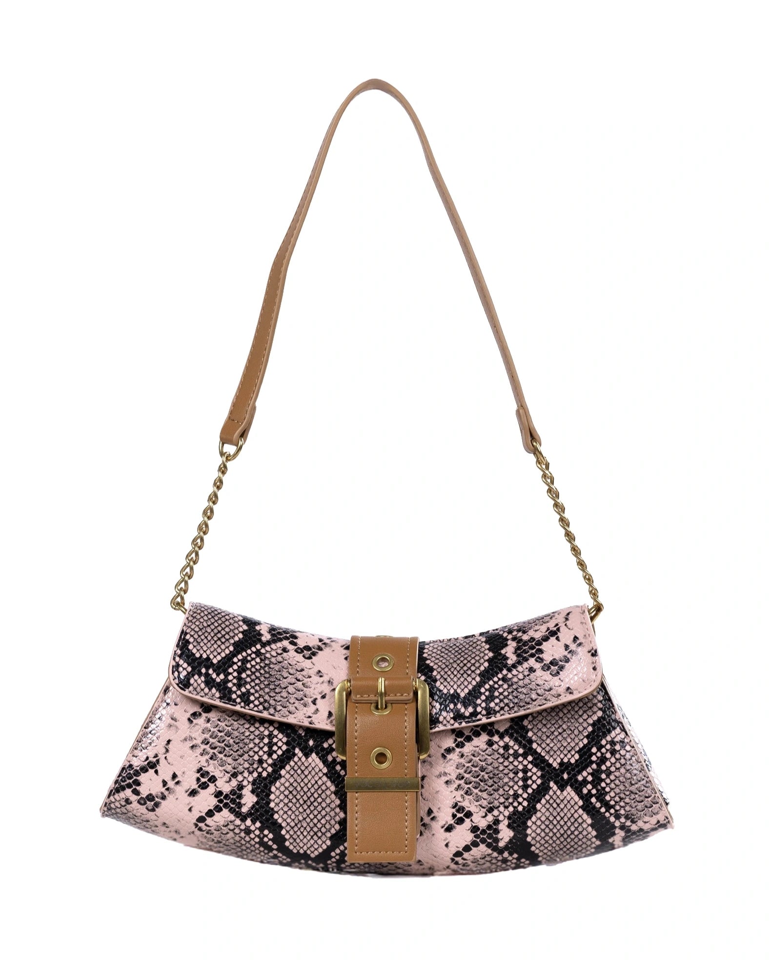 Snake print handbag with brown strap on a white background