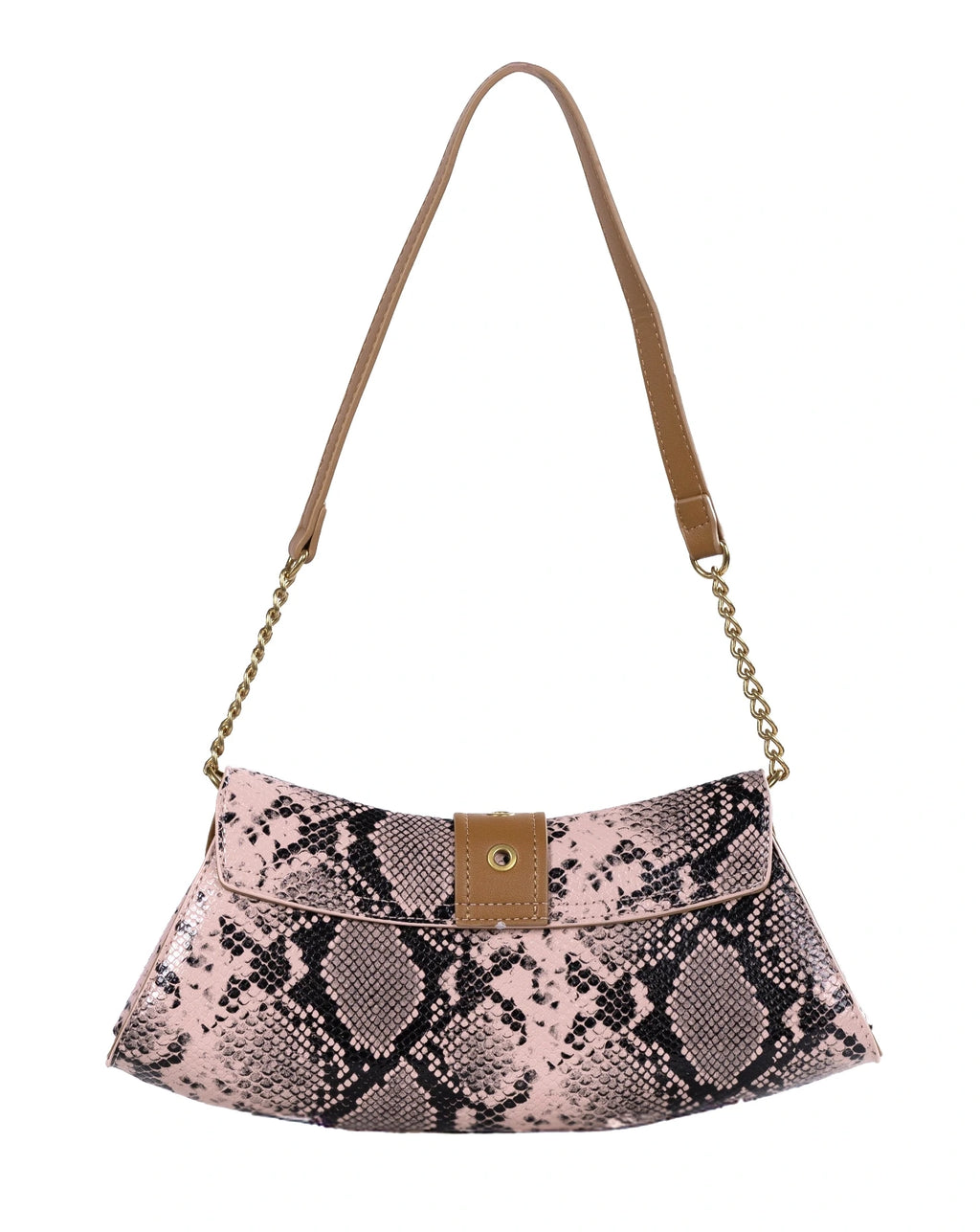 Pink snake print handbag with a chain strap on a white background