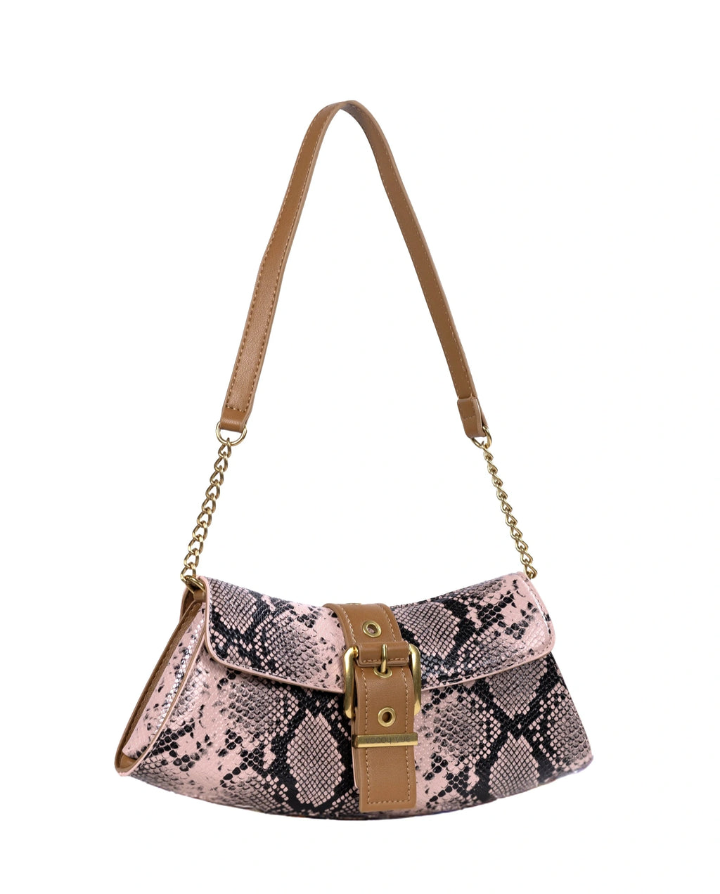 Patterned handbag with a strap on a white background