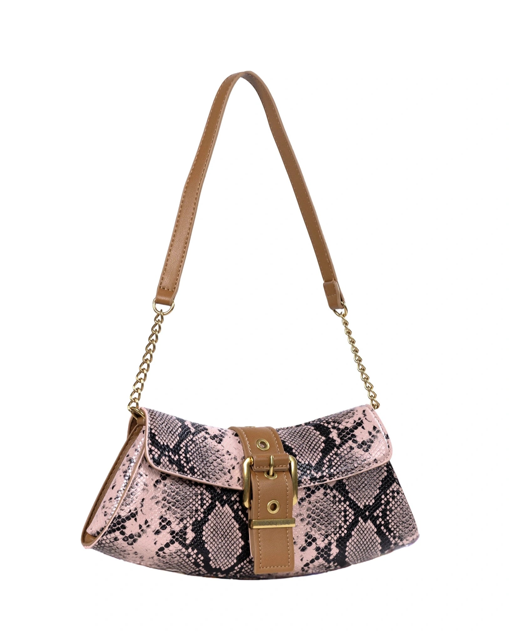 Patterned handbag with a strap on a white background